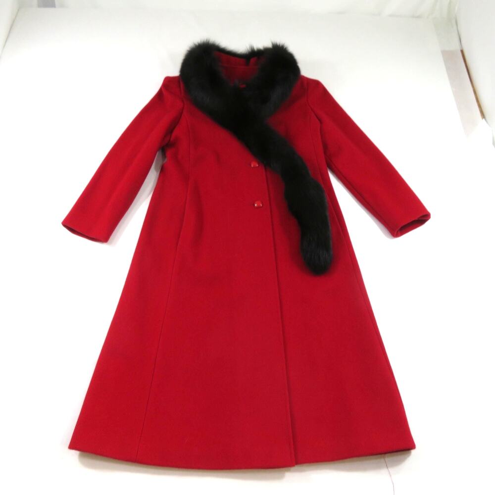 Elegant Fashions New York Long Wool Red Coat Jacket Faux Fur Collar Sz M? 1960s